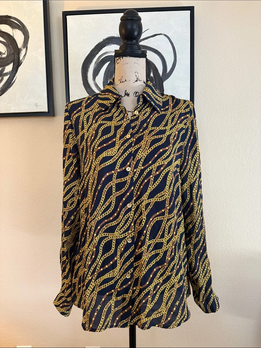 Navy & Gold Chain-Print Women’s Blouse
